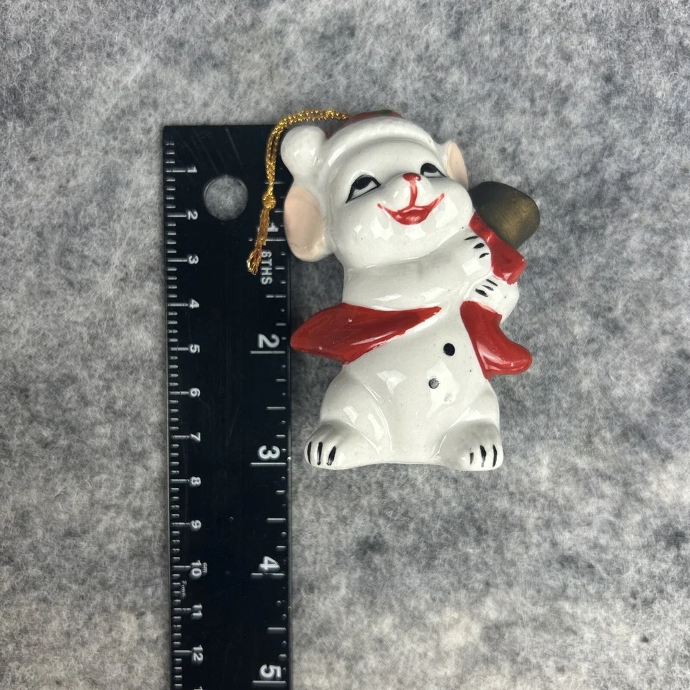 Lot of 7 Vintage Christmas Ornament Mouse with Bell Red White Ceramic Tree Decor